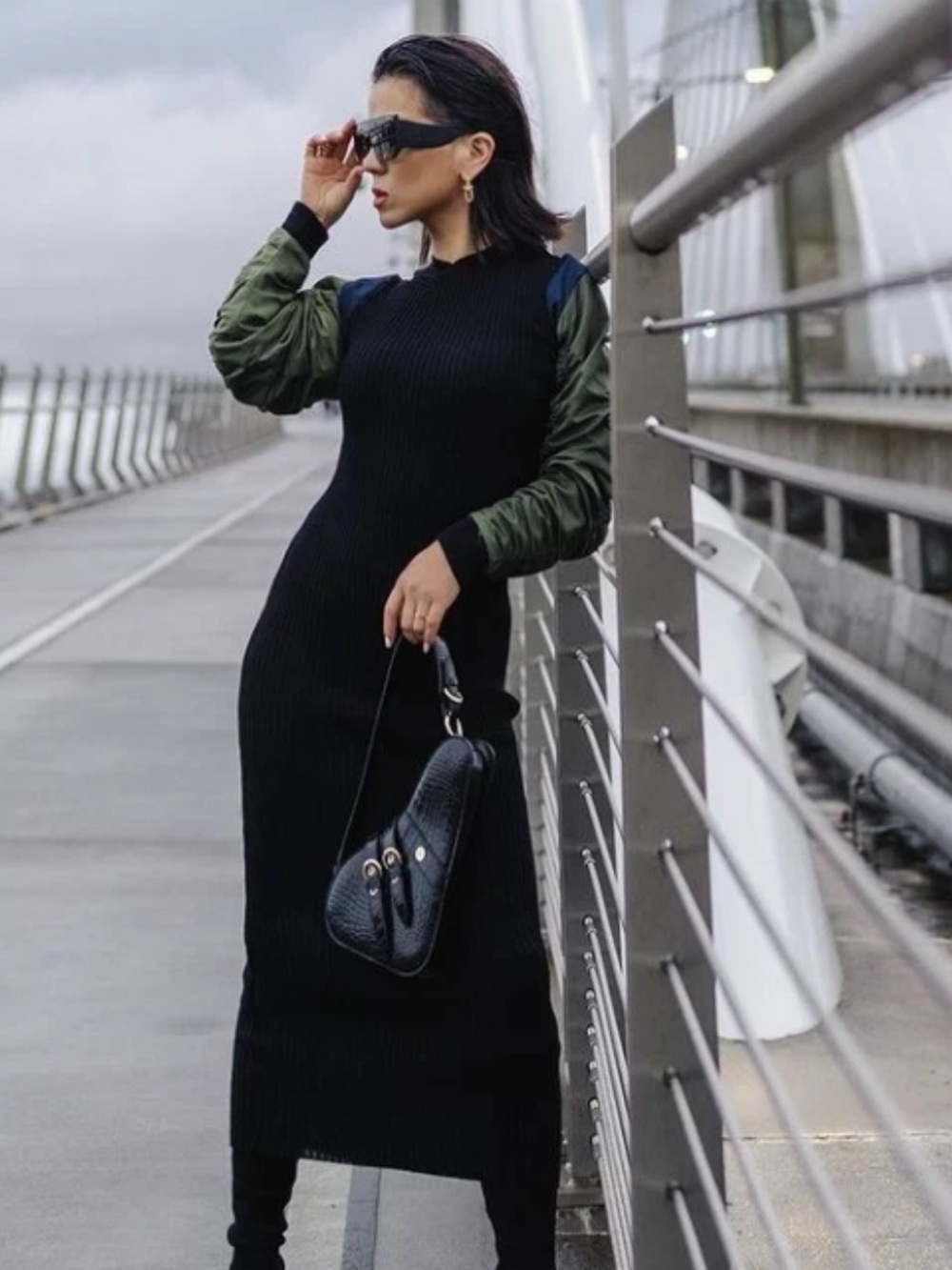 Zara Black Ribbed Knit Dress with Olive Ruched Sleeve Detail